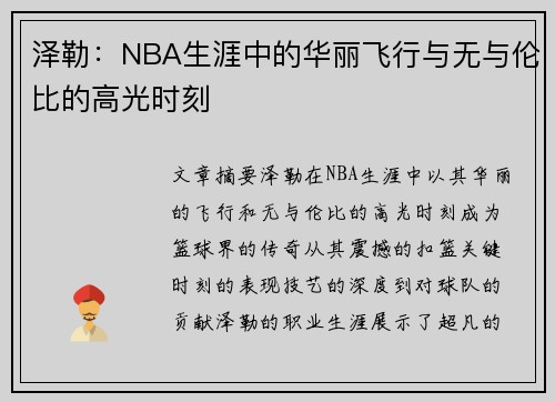 泽勒：NBA生涯中的华丽飞行与无与伦比的高光时刻